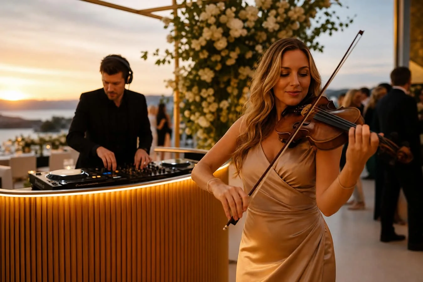 Violinistkinja svira uz DJ pult tokom elegantnog koktela